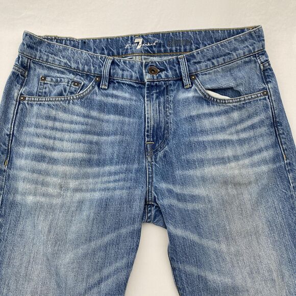 7 For All Mankind Jeans Mens 34x31 Blue Slimmy Straight Fit Denim Whiskered - Picture 3 of 11